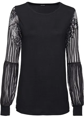 Langarmshirt mit Spitzen-Ärmeln in schwarz von vorne - bonprix Langarmshirt mit Spitzen-Ärmeln in schwarz von vorne - bonprix