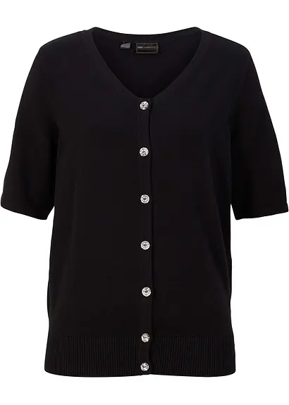 Strickjacke mit halblangen Ärmeln und stillvollen Knöpfen in schwarz von vorne - bpc selection Strickjacke mit halblangen Ärmeln und stillvollen Knöpfen in schwarz von vorne - bpc selection