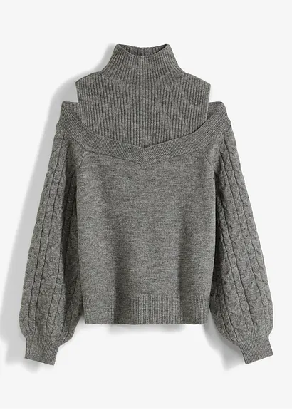 Grobstrick-Pullover schulterfrei in grau von vorne - bonprix Grobstrick-Pullover schulterfrei in grau von vorne - bonprix