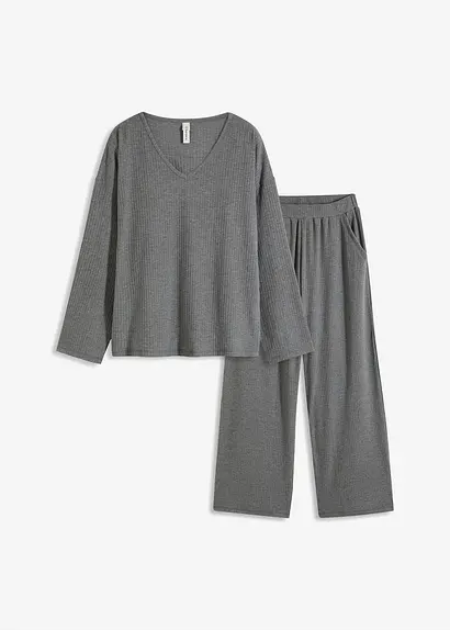 Oversized Loungewear Hausanzug aus weicher Rippe in grau von vorne - bonprix Oversized Loungewear Hausanzug aus weicher Rippe in grau von vorne - bonprix