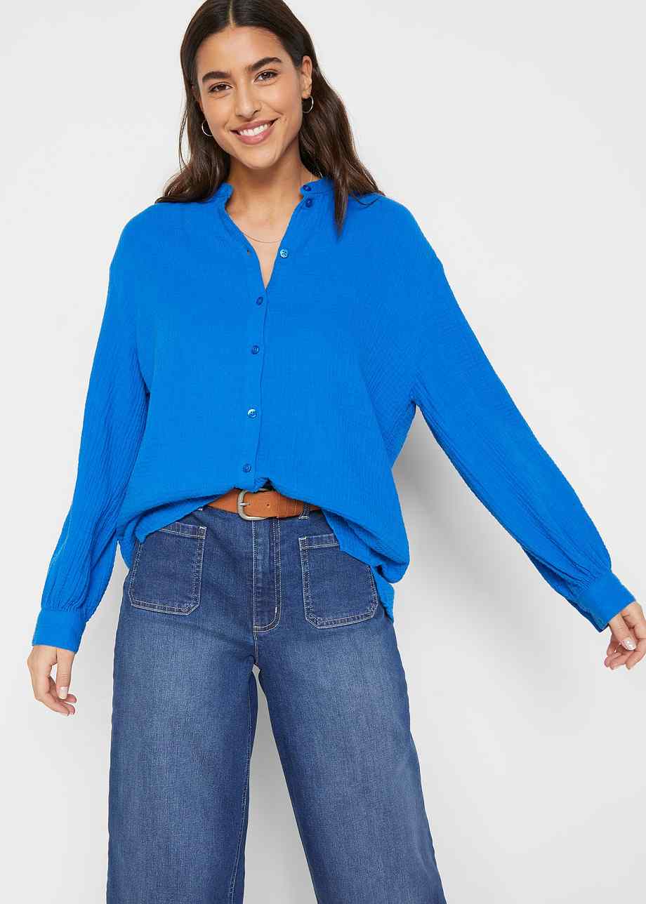 L Ssige Oversized Musselin Bluse Mit Seitenschlitzen Azurblau