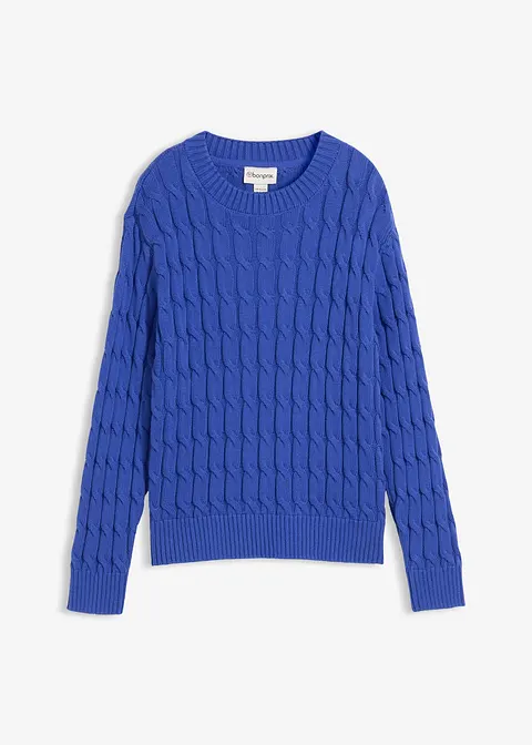 Pullover mit Zopfstrickmuster aus recyclingfähiger Bio-Baumwolle in blau von vorne - bonprix Pullover mit Zopfstrickmuster aus recyclingfähiger Bio-Baumwolle in blau von vorne - bonprix