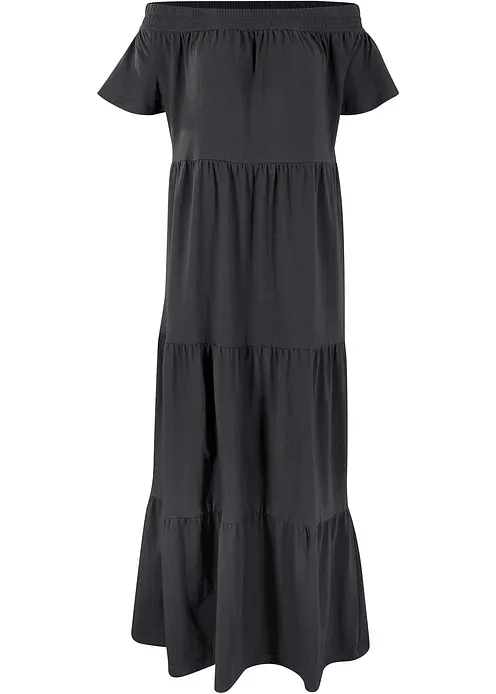 Baumwoll-Jersey-Maxikleid mit Volants und Carmenausschnitt in schwarz von vorne - bonprix Baumwoll-Jersey-Maxikleid mit Volants und Carmenausschnitt in schwarz von vorne - bonprix