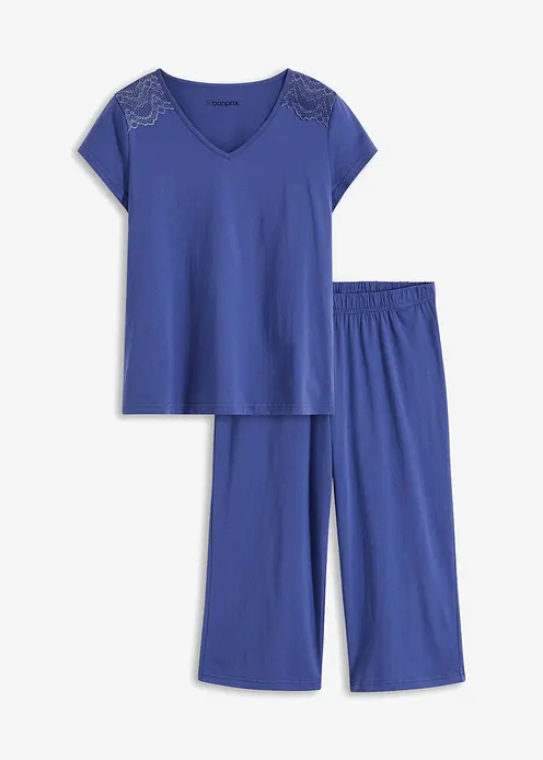Capri Pyjama mit weiter Culotte in blau von vorne - bonprix Capri Pyjama mit weiter Culotte in blau von vorne - bonprix