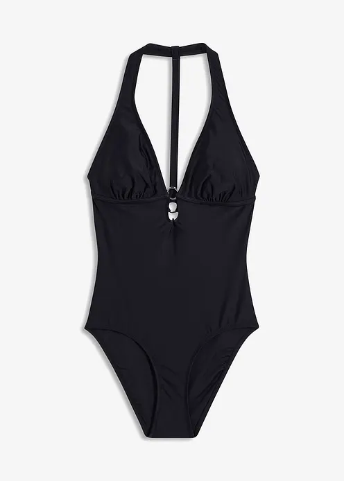 Badeanzug mit tiefem Ausschnitt in schwarz von vorne - bonprix Badeanzug mit tiefem Ausschnitt in schwarz von vorne - bonprix