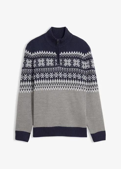 Norweger-Pullover mit Troyerkragen in grau von vorne - bonprix Norweger-Pullover mit Troyerkragen in grau von vorne - bonprix
