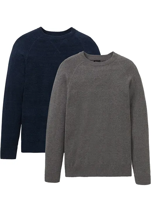 Feinstrickpullover (2er Pack) aus reiner Baumwolle in grau von vorne - bonprix Feinstrickpullover (2er Pack) aus reiner Baumwolle in grau von vorne - bonprix