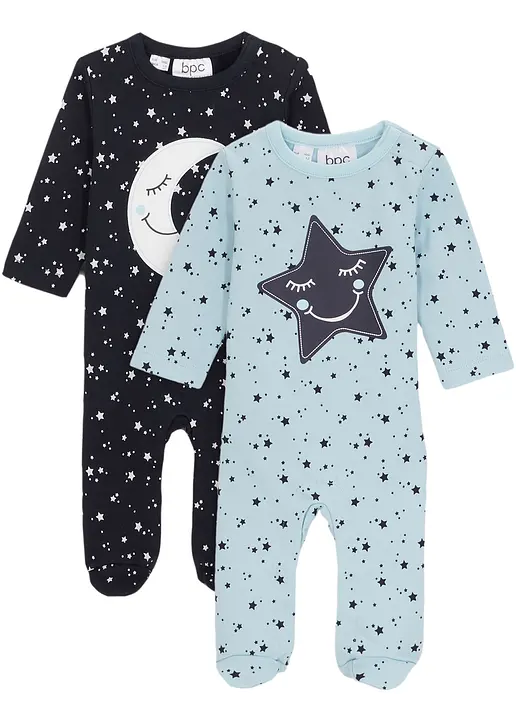 Baby Schlafstrampler aus reiner Bio Baumwolle (2er Pack) in blau von vorne - bonprix Baby Schlafstrampler aus reiner Bio Baumwolle (2er Pack) in blau von vorne - bonprix
