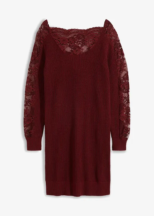 Strickkleid mit Spitzeneinsatz in rot von vorne - bonprix Strickkleid mit Spitzeneinsatz in rot von vorne - bonprix