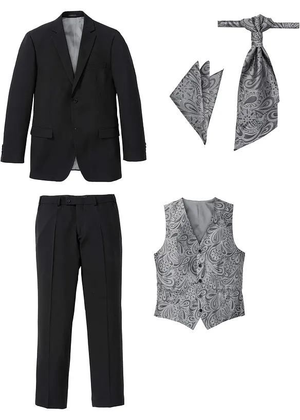 Hochzeitsanzug mit Weste und Plastron (5-tlg. Set), Regular Fit in schwarz von vorne - bonprix Hochzeitsanzug mit Weste und Plastron (5-tlg. Set), Regular Fit in schwarz von vorne - bonprix