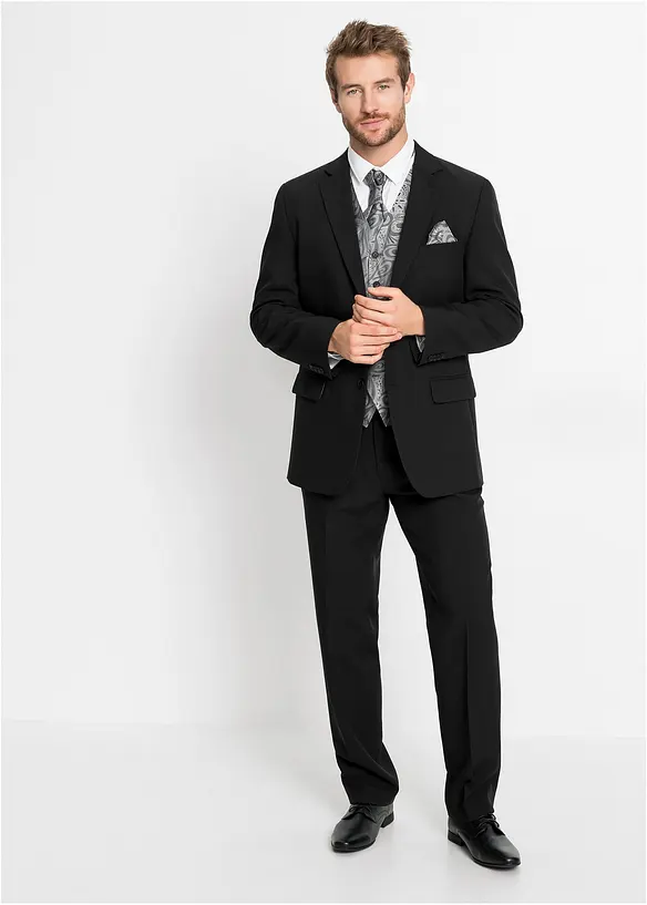 Hochzeitsanzug mit Weste und Plastron (5-tlg. Set), Regular Fit in schwarz im Look von vorne (Totalaufnahme) - bonprix Hochzeitsanzug mit Weste und Plastron (5-tlg. Set), Regular Fit in schwarz im Look von vorne (Totalaufnahme) - bonprix