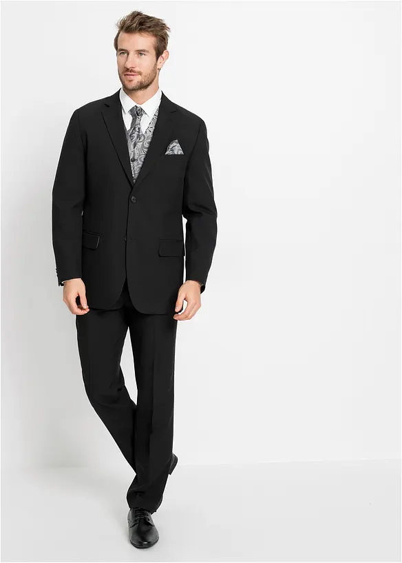 Hochzeitsanzug mit Weste und Plastron (5-tlg. Set), Regular Fit in schwarz von vorne (Totalaufnahme) - bonprix Hochzeitsanzug mit Weste und Plastron (5-tlg. Set), Regular Fit in schwarz von vorne (Totalaufnahme) - bonprix