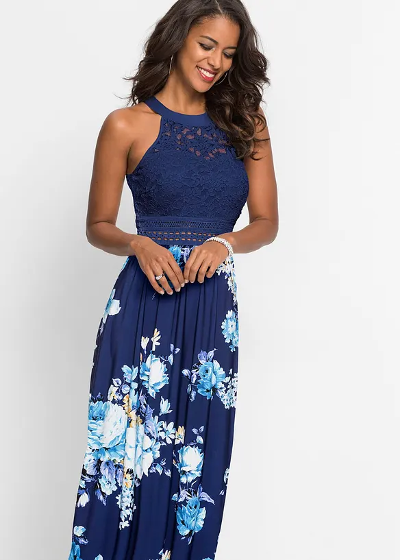 Sommer-Maxikleid mit Blumen-Print und Spitze in blau (Detailaufnahme) - bonprix Sommer-Maxikleid mit Blumen-Print und Spitze in blau (Detailaufnahme) - bonprix