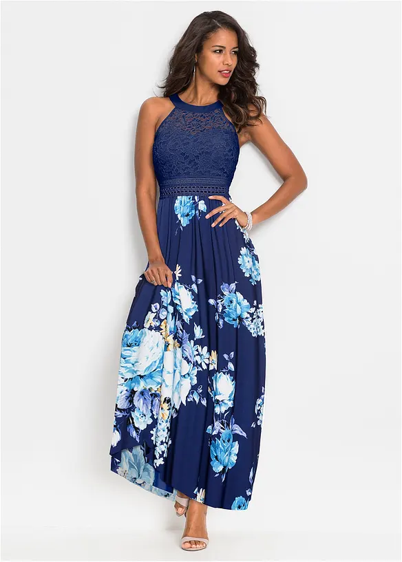 Sommer-Maxikleid mit Blumen-Print und Spitze in blau im Look von vorne (Totalaufnahme) - bonprix Sommer-Maxikleid mit Blumen-Print und Spitze in blau im Look von vorne (Totalaufnahme) - bonprix