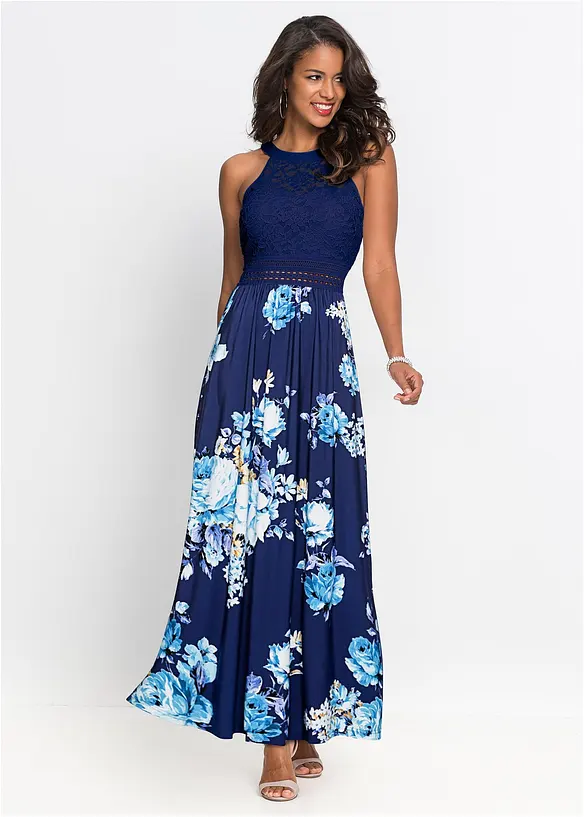 Sommer-Maxikleid mit Blumen-Print und Spitze in blau von vorne (Totalaufnahme) - bonprix Sommer-Maxikleid mit Blumen-Print und Spitze in blau von vorne (Totalaufnahme) - bonprix