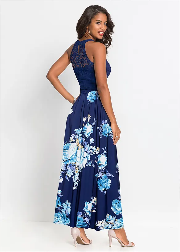 Sommer-Maxikleid mit Blumen-Print und Spitze in blau von hinten (Totalaufnahme) - bonprix Sommer-Maxikleid mit Blumen-Print und Spitze in blau von hinten (Totalaufnahme) - bonprix