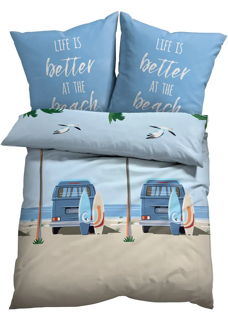 Bettwäsche mit Auto und Palmen am Strand in blau - bonprix Bettwäsche mit Auto und Palmen am Strand in blau - bonprix