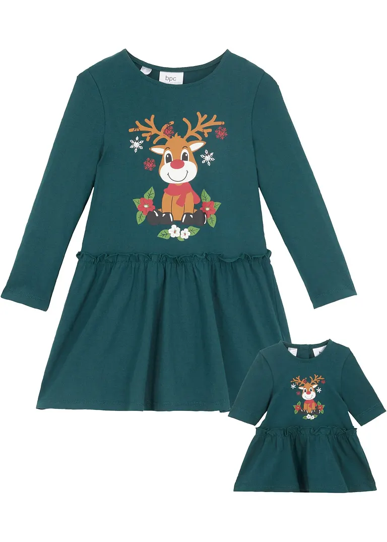 Jerseykleid + Puppenkleid aus reiner Bio-Baumwolle (2-tlg. Set) in grün von vorne - bonprix Jerseykleid + Puppenkleid aus reiner Bio-Baumwolle (2-tlg. Set) in grün von vorne - bonprix