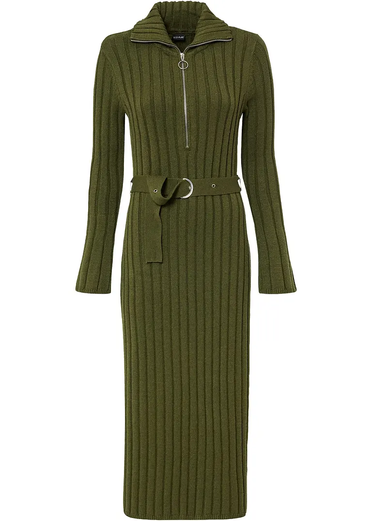 Ripp-Strickkleid mit Troyerkragen in grün von vorne - bonprix Ripp-Strickkleid mit Troyerkragen in grün von vorne - bonprix
