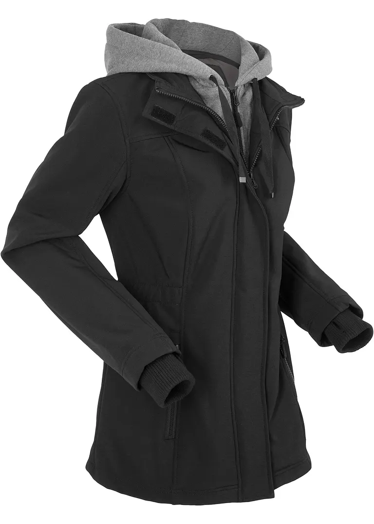 wasserabweisende Softshell-Longjacke, 2 in 1-Optik in schwarz von vorne - bonprix wasserabweisende Softshell-Longjacke, 2 in 1-Optik in schwarz von vorne - bonprix