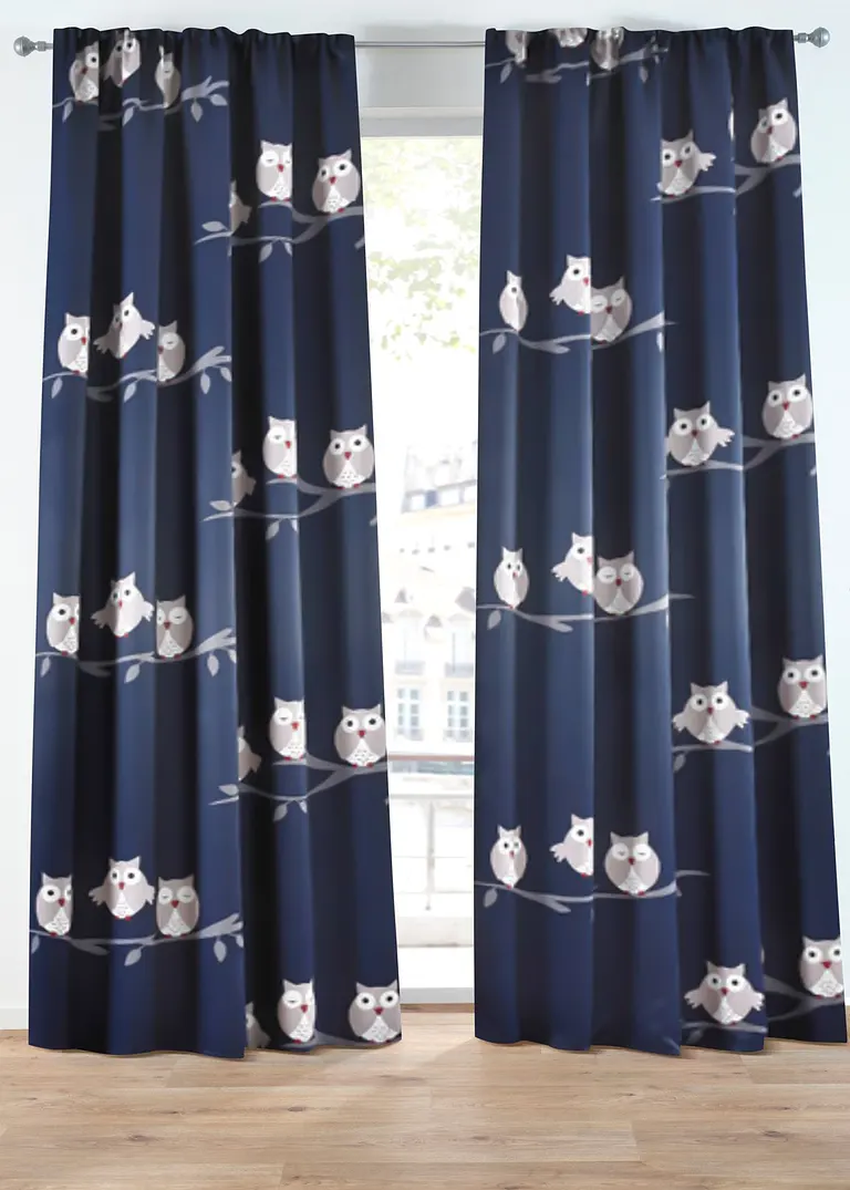 Verdunkelungsvorhang mit Eulen Druck mit recyceltem Polyester (1er Pack) in blau - bonprix Verdunkelungsvorhang mit Eulen Druck mit recyceltem Polyester (1er Pack) in blau - bonprix
