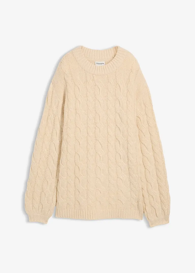 Oversize-Pullover mit Zopfmuster in beige von vorne - bonprix Oversize-Pullover mit Zopfmuster in beige von vorne - bonprix