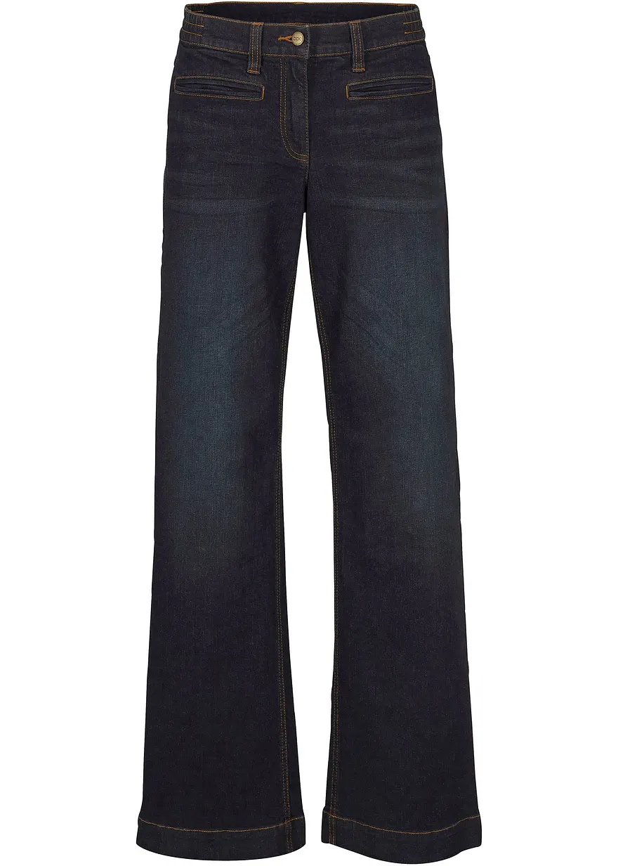 Wide Leg Jeans Mid Waist, Bequembund in blau von vorne - bonprix Wide Leg Jeans Mid Waist, Bequembund in blau von vorne - bonprix