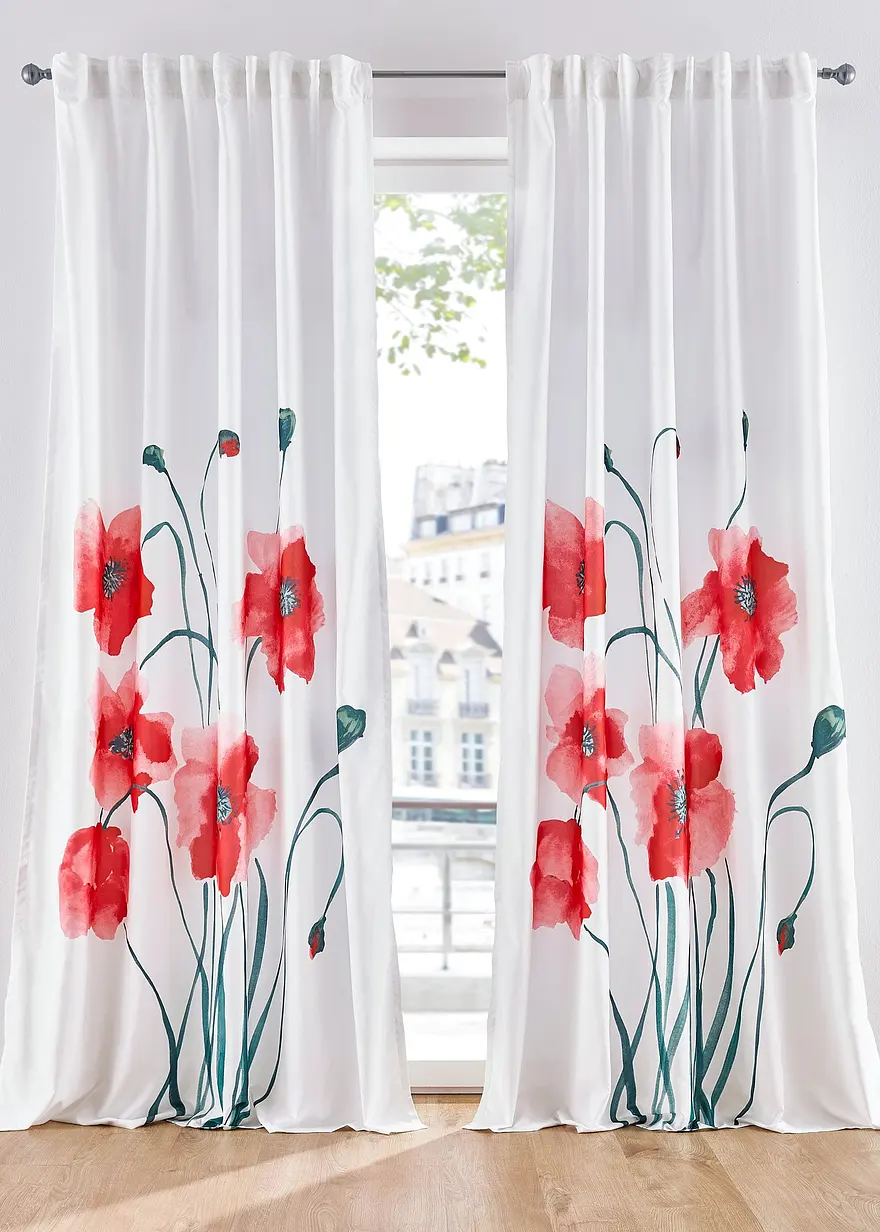 Microfaser Vorhang mit Mohnblumen Motiv (1er Pack) in weiß - bonprix Microfaser Vorhang mit Mohnblumen Motiv (1er Pack) in weiß - bonprix