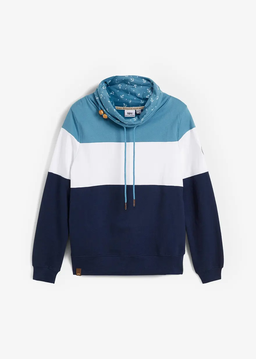 Sweatshirt mit bedrucktem Kragen aus reiner Baumwolle in blau von vorne - bonprix Sweatshirt mit bedrucktem Kragen aus reiner Baumwolle in blau von vorne - bonprix
