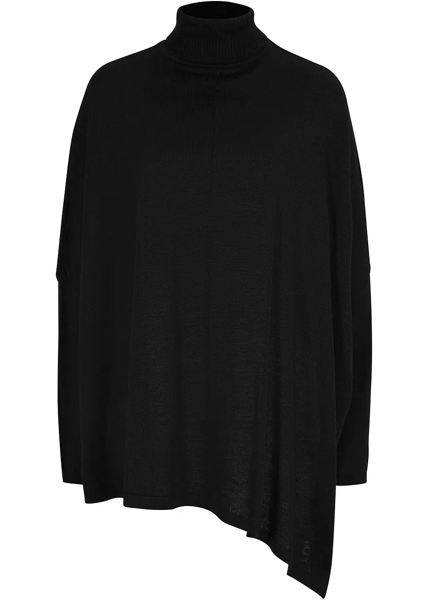 Poncho-Rollkragenpullover mit asymmetrischem Schnitt in schwarz von vorne - bonprix Poncho-Rollkragenpullover mit asymmetrischem Schnitt in schwarz von vorne - bonprix