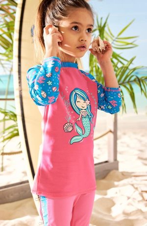 Kinder - Mädchen Bade Shirt mit UV Schutz - pink / südseeblau bedruckt