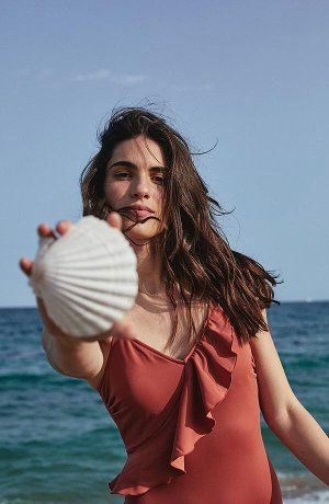 Damen - Badeanzug aus recyceltem Polyamid - orangenbraun