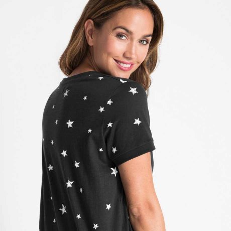 Damen - Leichtes Baumwoll-Shirt - schwarz bedruckt