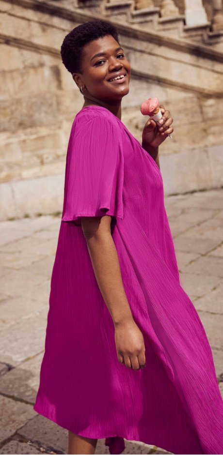 Damen - Langes Kaftan-Kleid aus Kreppware, weiter Schnitt - violettorchidee