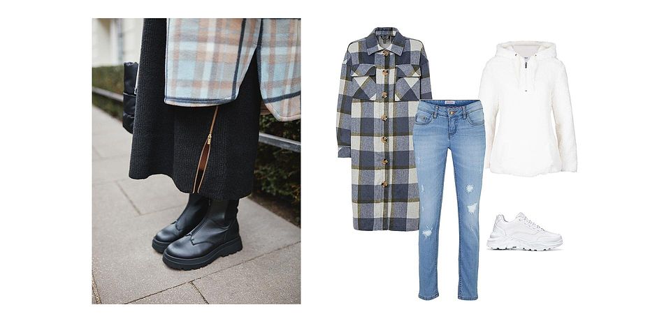 Damen - Oversized Übergangsmantel mit Karomuster - wollweiß/tiefblau/rauchblau/dunkeloliv kariert