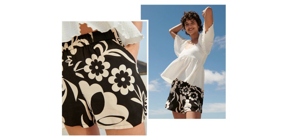 Damen - Viskose-Shorts mit seitlichen Eingriffstaschen - schwarz/kieselbeige bedruckt
