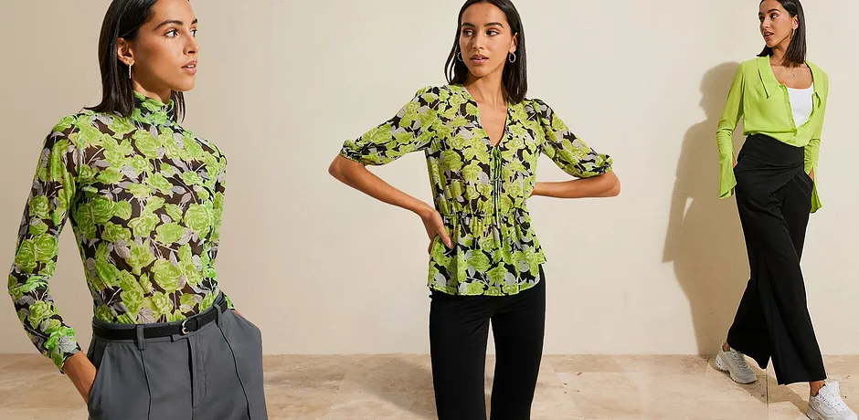 Damen - Shirt - schwarz/apfelgrün floral