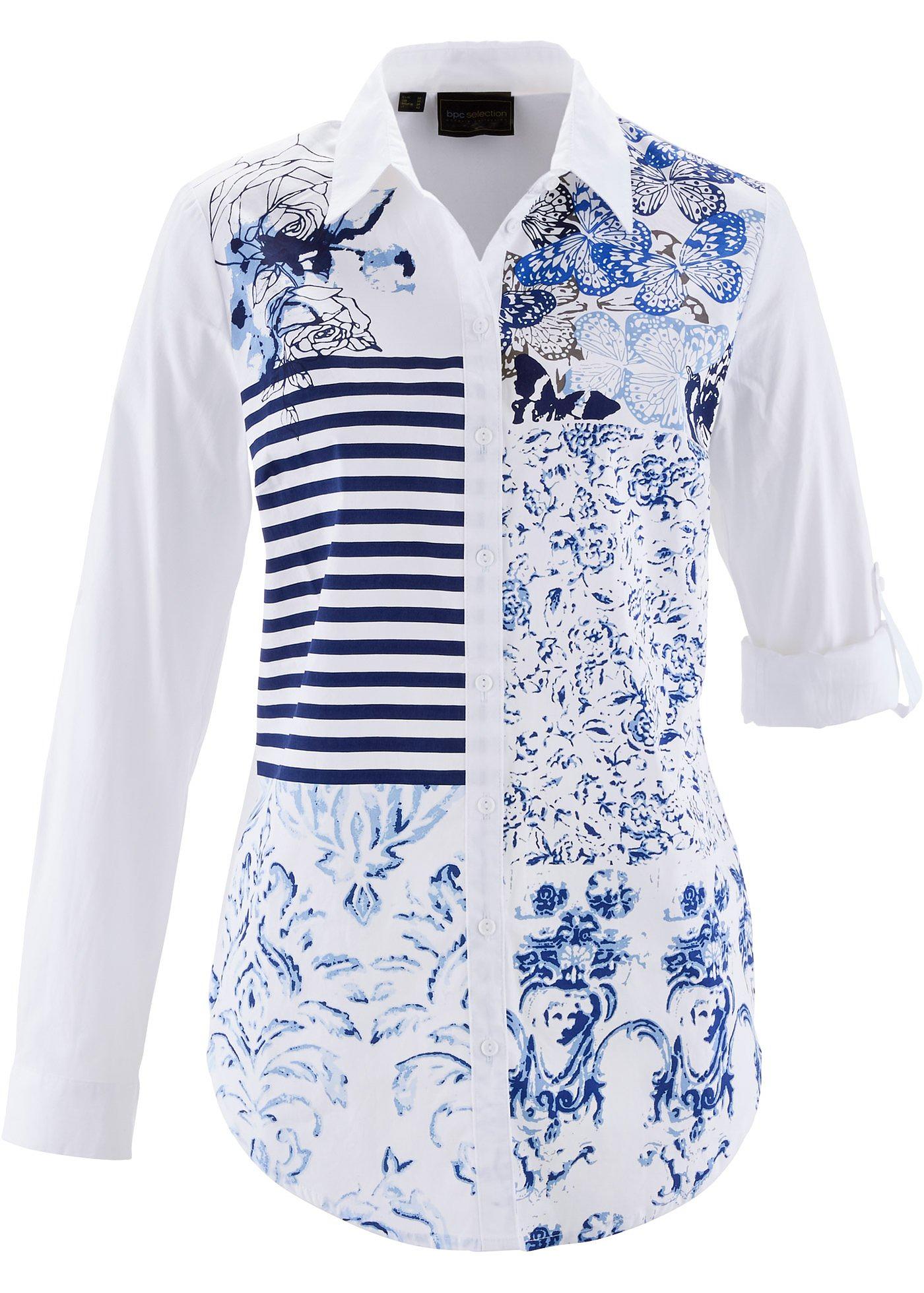 Geschmackvolle Bluse mit Krempelfunktion (96074595) in dunkelblau/mittelblau bedruckt