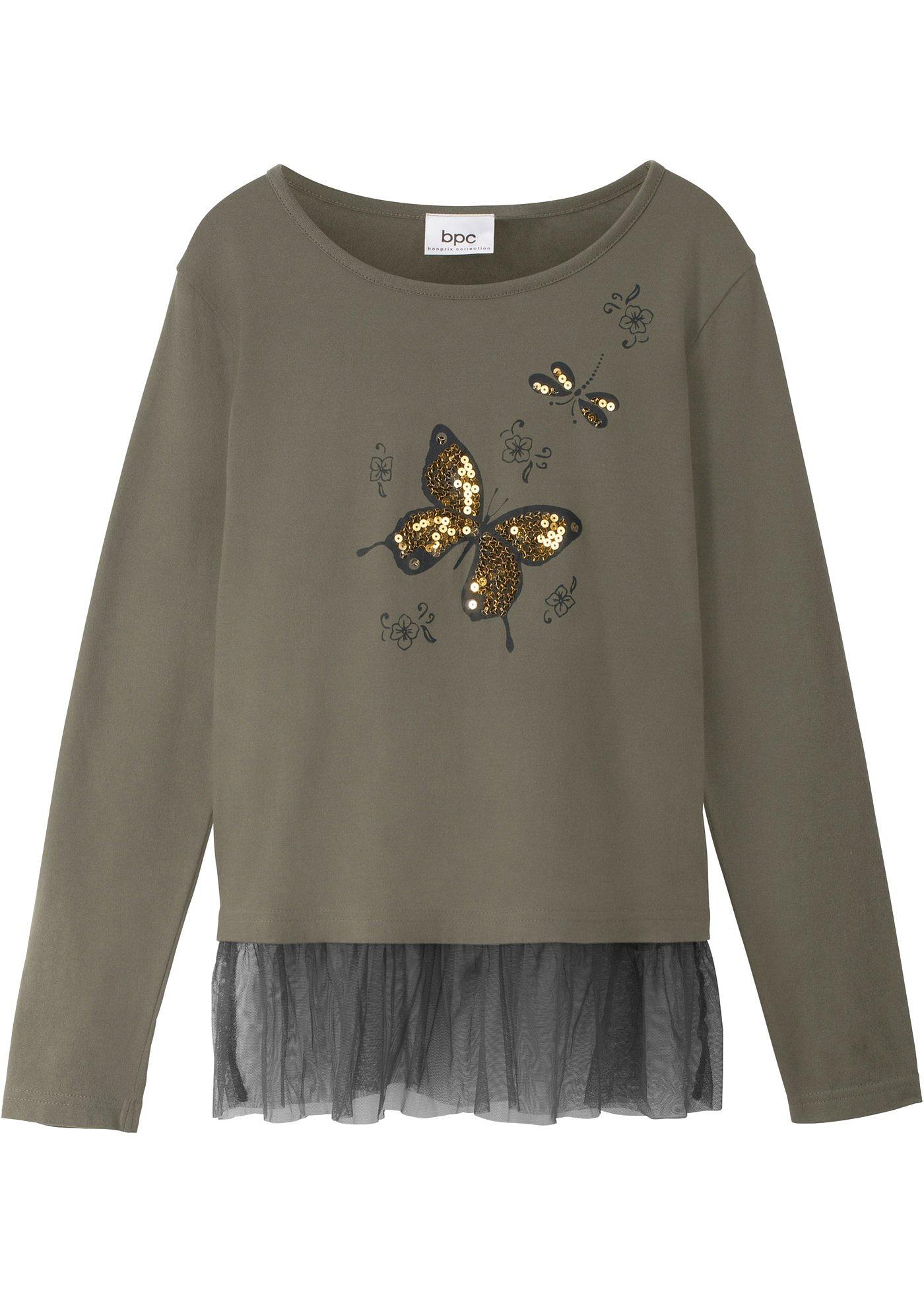Originelles Langarmshirt mit Paillettenapplikation und Tülleinsatz (91894995) in dunkeloliv/schwarz