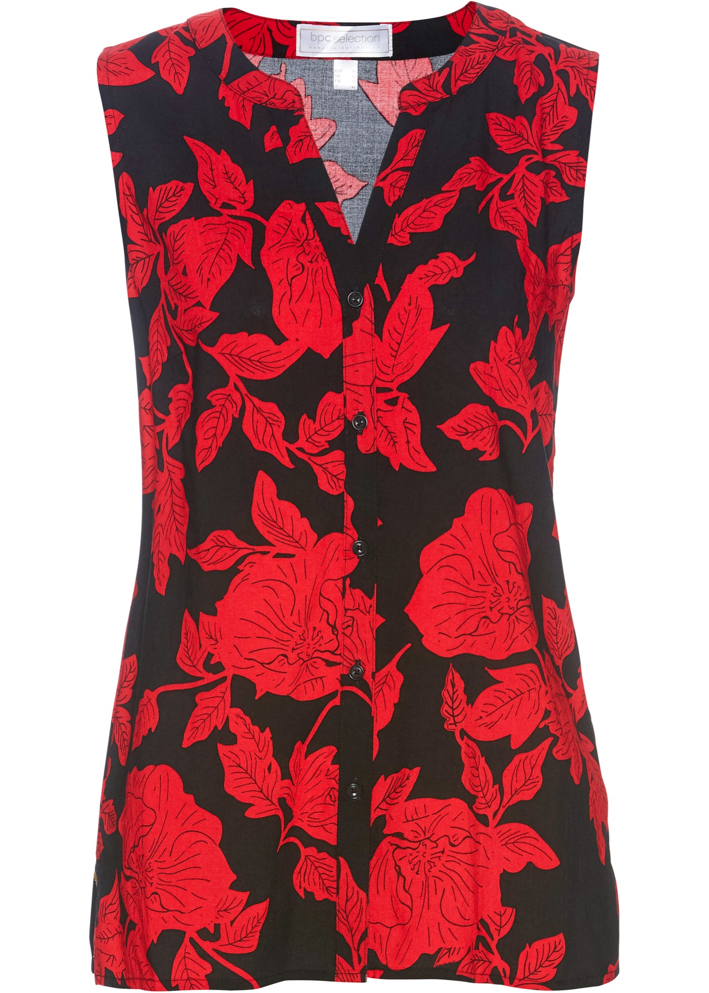 Elegante Bluse mit kleinem V-Ausschnitt und Knopfleiste (94030895) in schwarz/erdbeere bedruckt