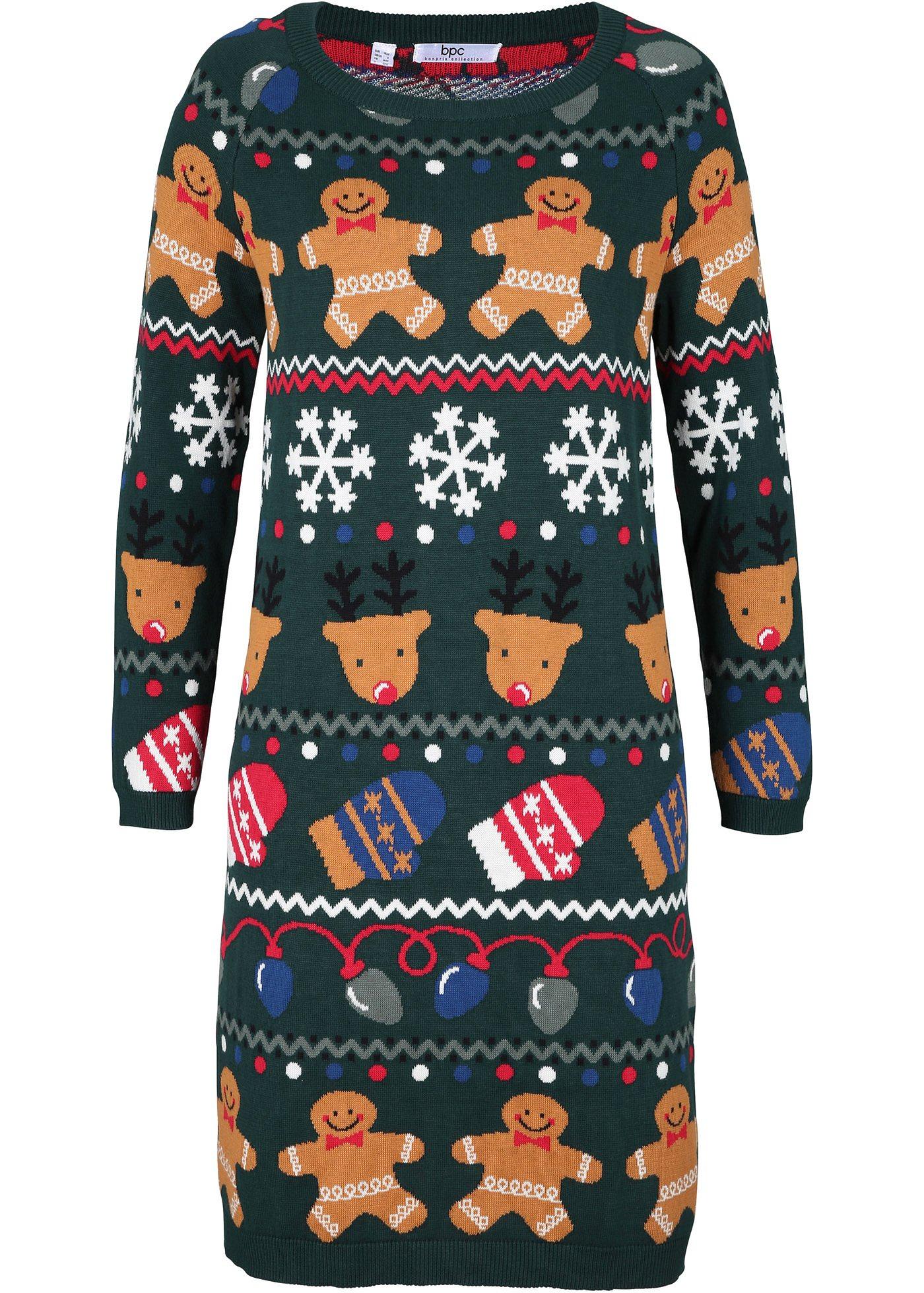 Gemütliches Strickkleid mit bequemen Schnitt und weihnachtlichem Motiv (91494395) in tiefgrün