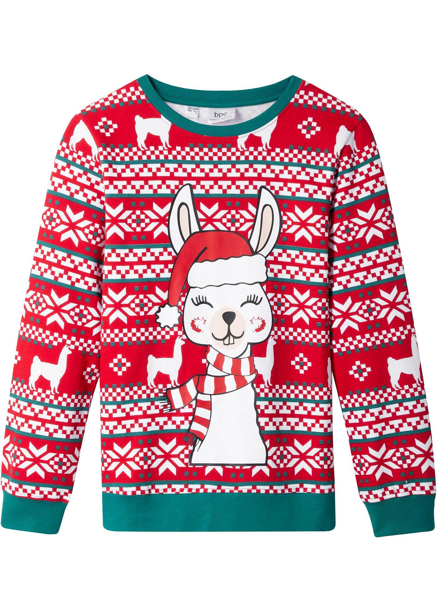 Winterlich gestaltetes Sweatshirt mit niedlichem Lama-Print (91341395) in rot/weiß/smaragd