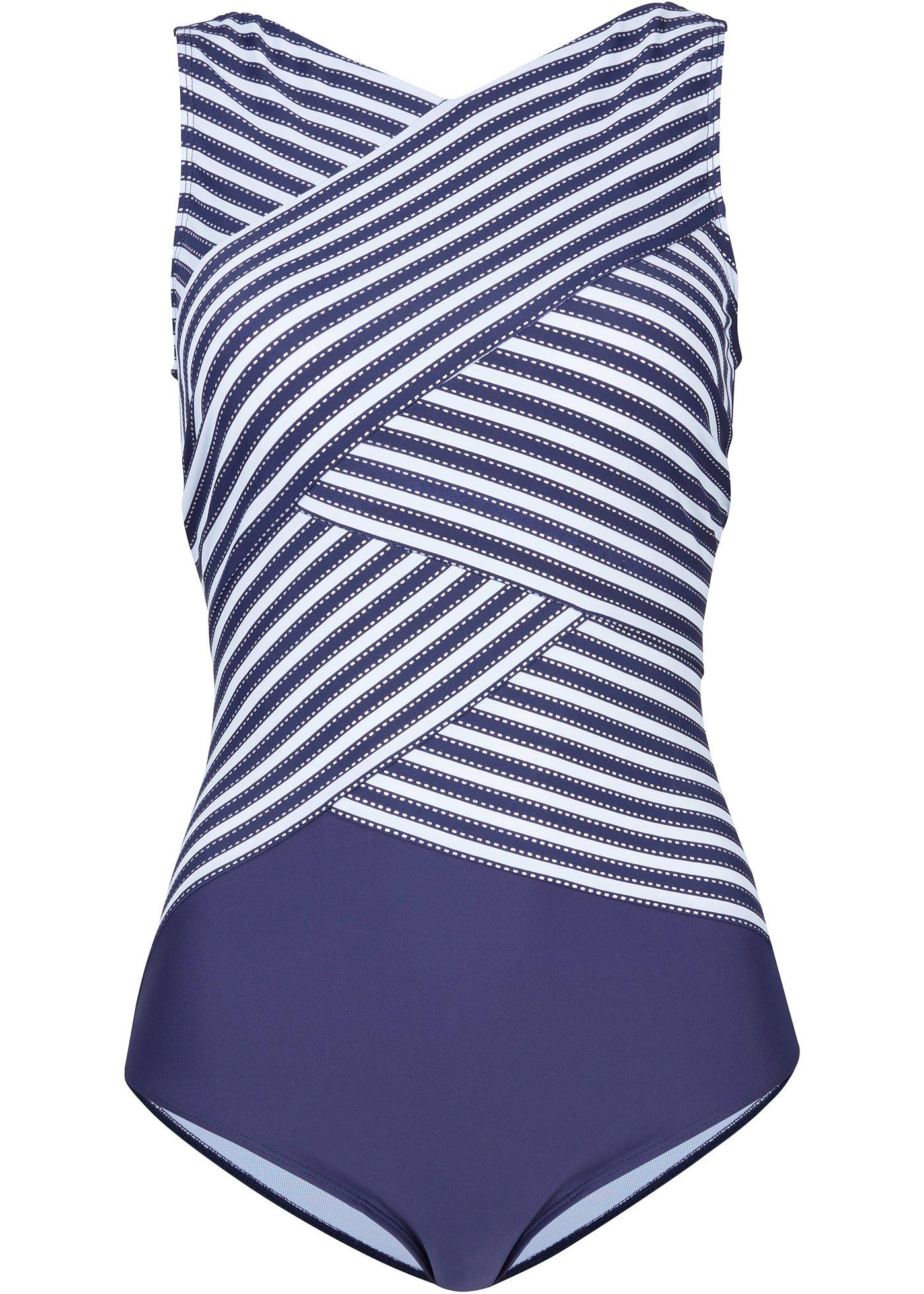Sehr eleganter Shape Badeanzug mit getreiften Einsätzen (94792695) in dunkelblau/weiß/silber