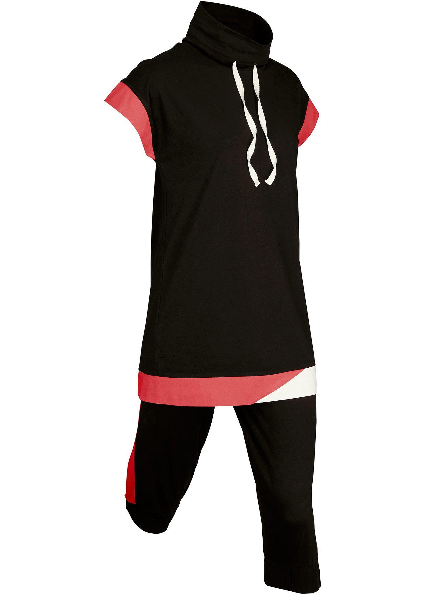 Sportliches Longshirt mit Caprihose (2-tlg. Set) mit Kontrastdetails (96827995) in schwarz/koralle/weiß