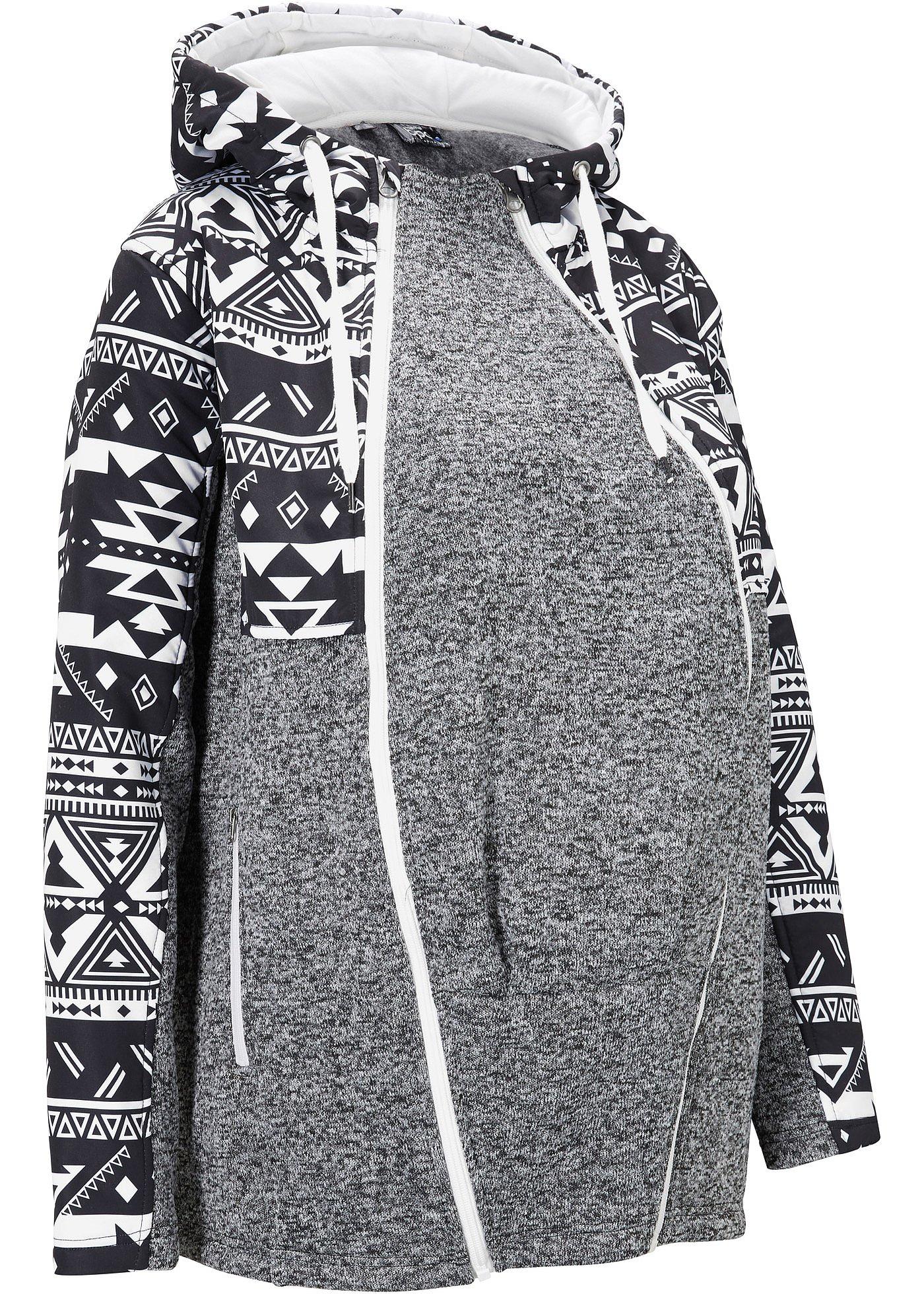 Umstands-Fleecejacke mit graphischem Print und Baby-Einsatz. Der Baby-Einsatz dient nur zum Schutz des Kindes bei Wind und Wetter, nicht als Tragefunktion! (92375195) in schwarz/wollweiß bedruckt