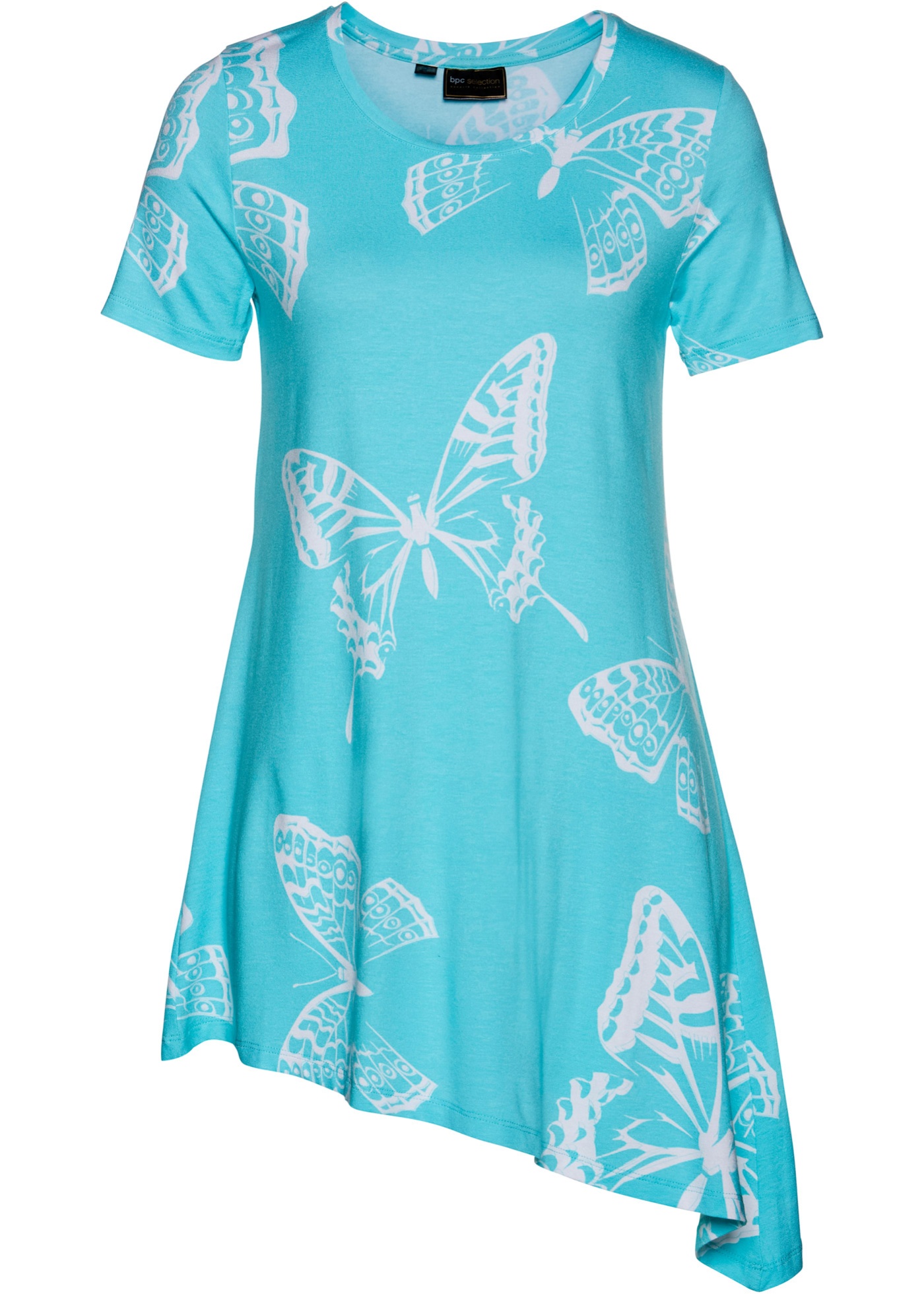 Feminines, asymmetrisches Longshirt mit Schmetterlingsprint (92190795) in aqua/weiß