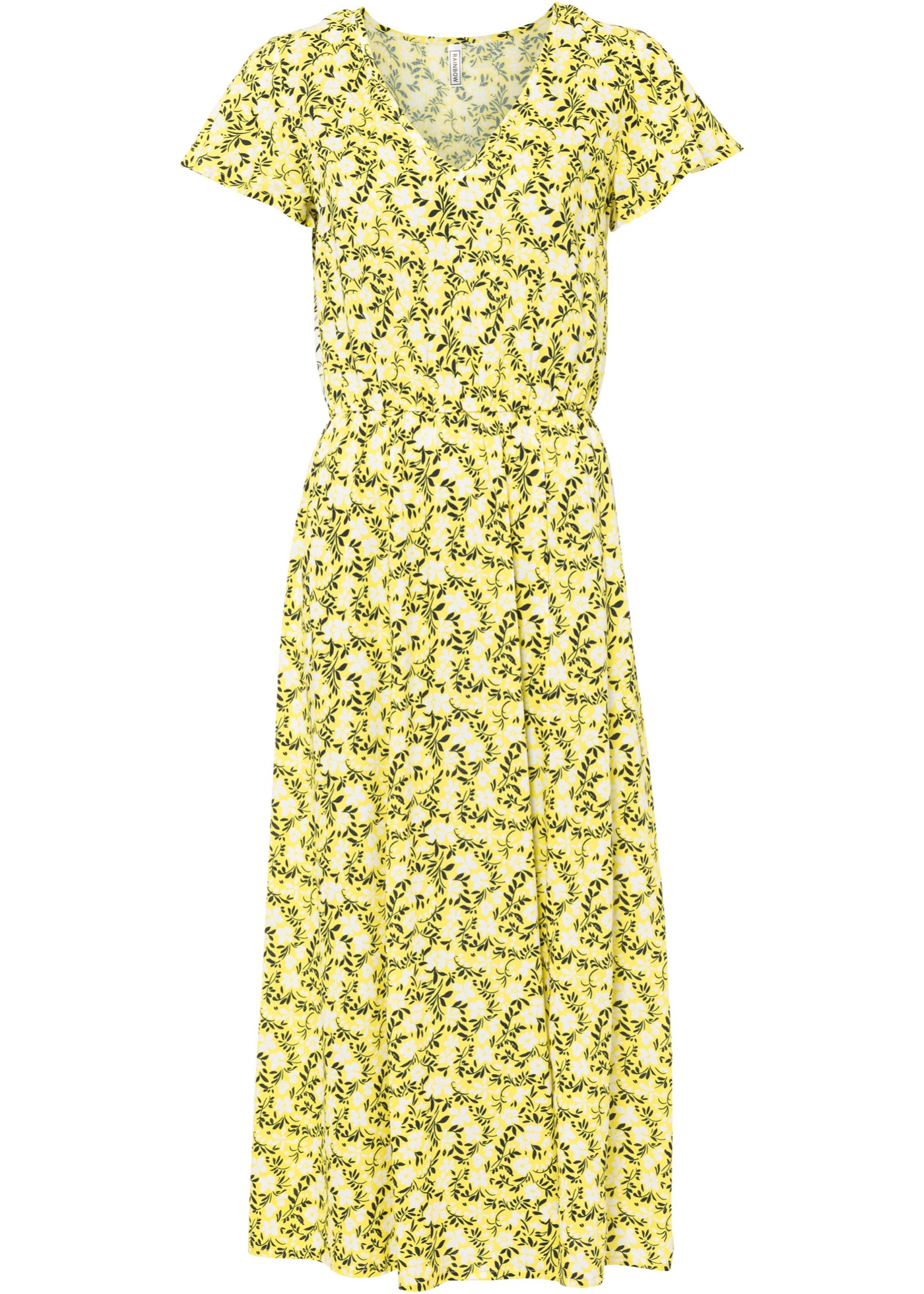 Geblümtes, wadenlanges Kleid mit kurzen Ärmeln (92601095) in ananasgelb/weiß geblümt