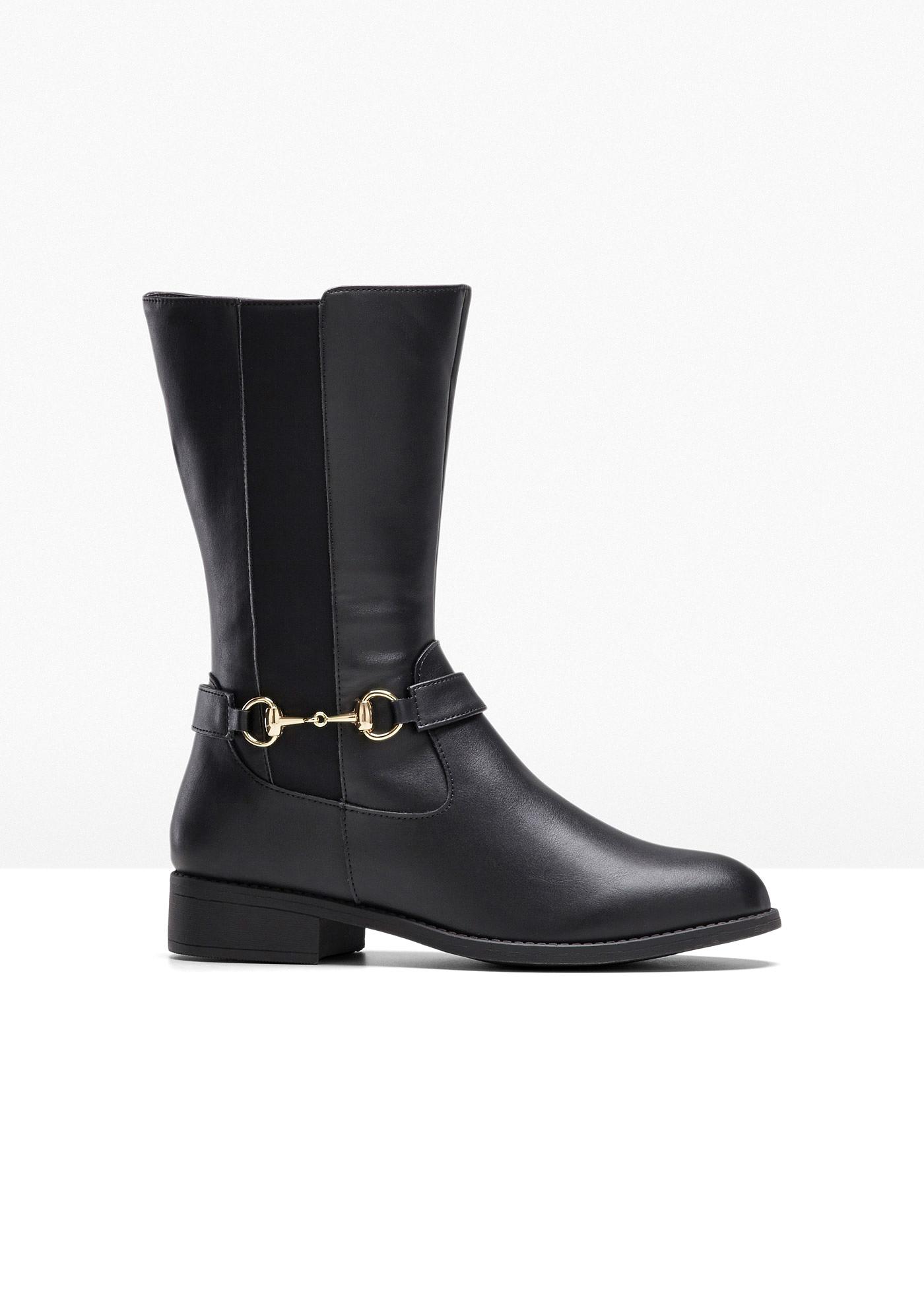 Bequemer Weitschaftstiefel mit dekorativen Riemen (90920395) in schwarz