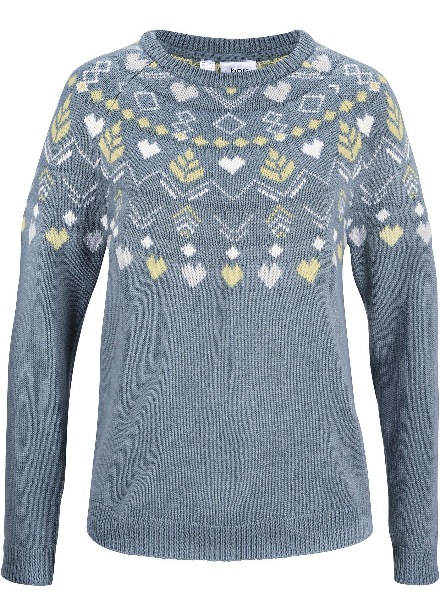 Norweger-Pullover mit Rundhalsausschnitt (95126695) in lichtgelb/schattengrau norwegermuster