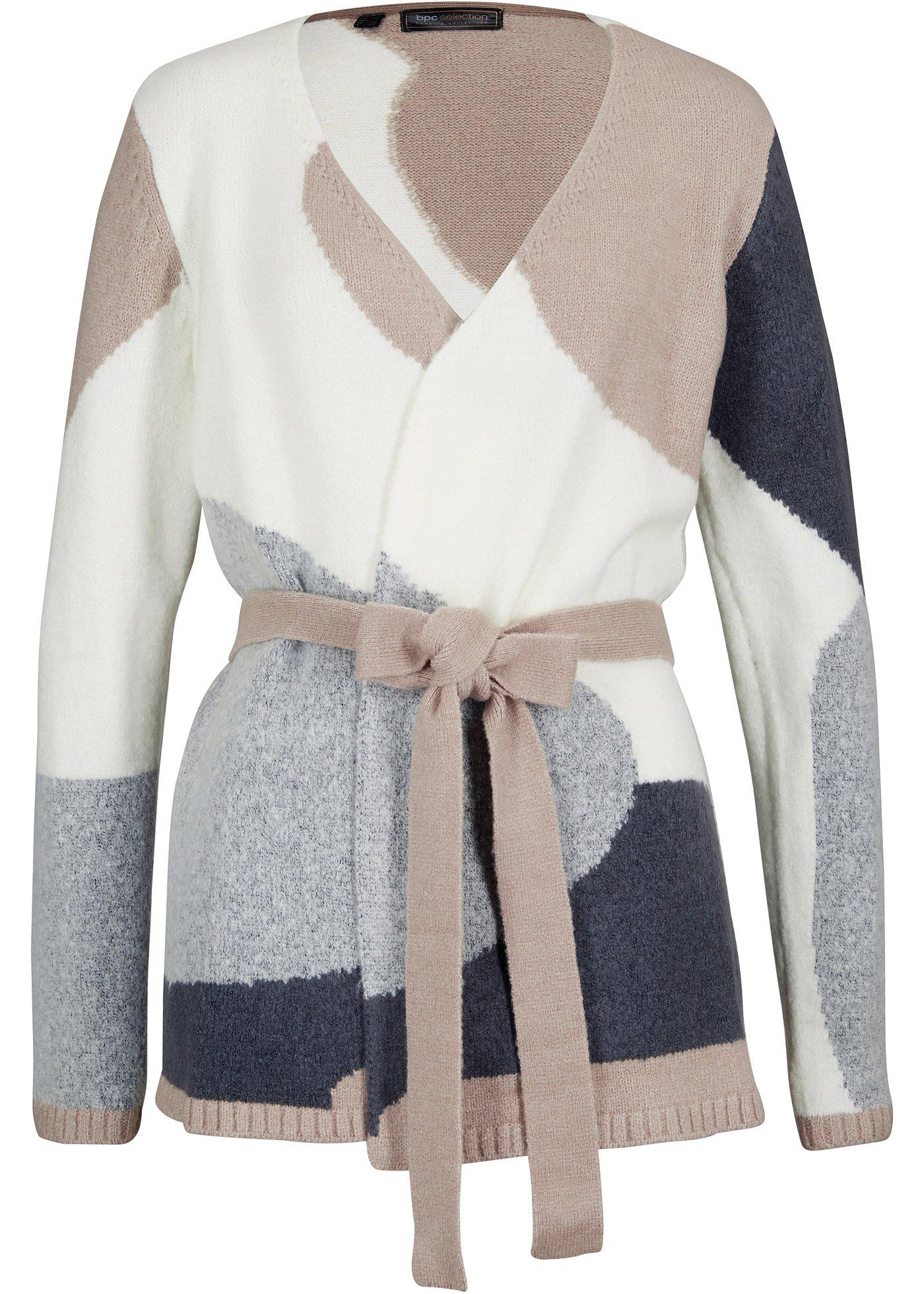 Länger geschnittene, lange Strickjacke. (95168795) in naturstein/wollweiß/hellgrau